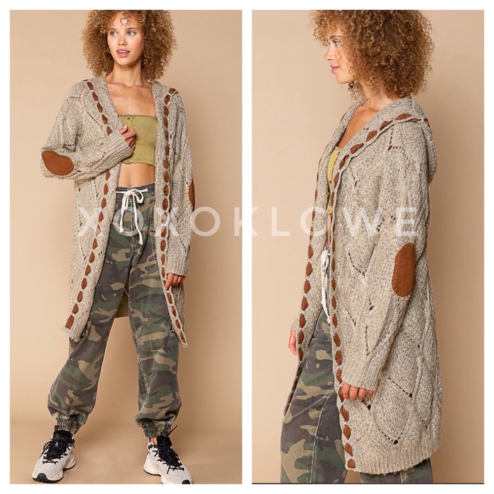 1 L POL Hooded Cardigan Open Front Diamond Weave Faux Suede Detail - Picture 3 of 13